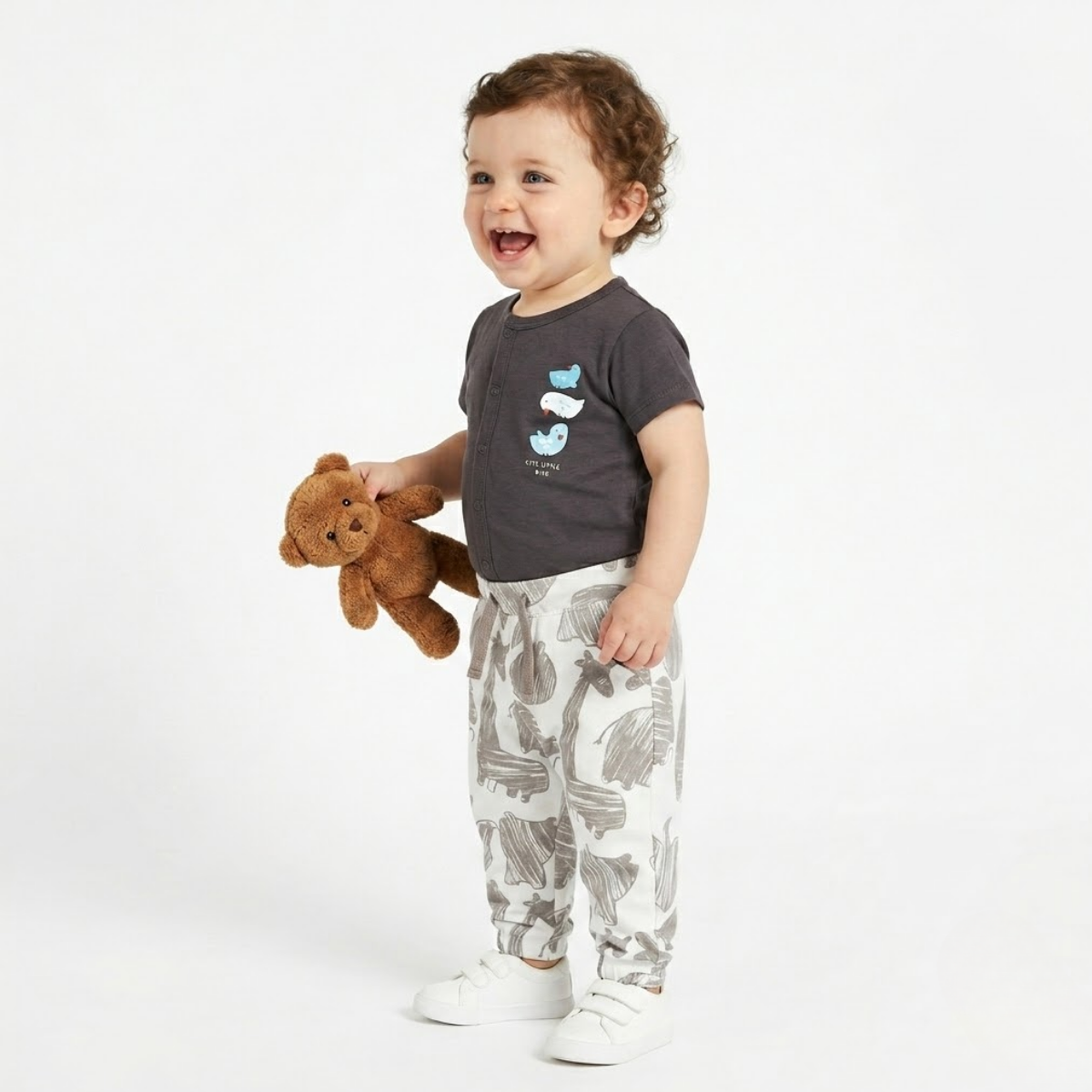 Baby Boys Animal Printed Pants, Off White and Brown