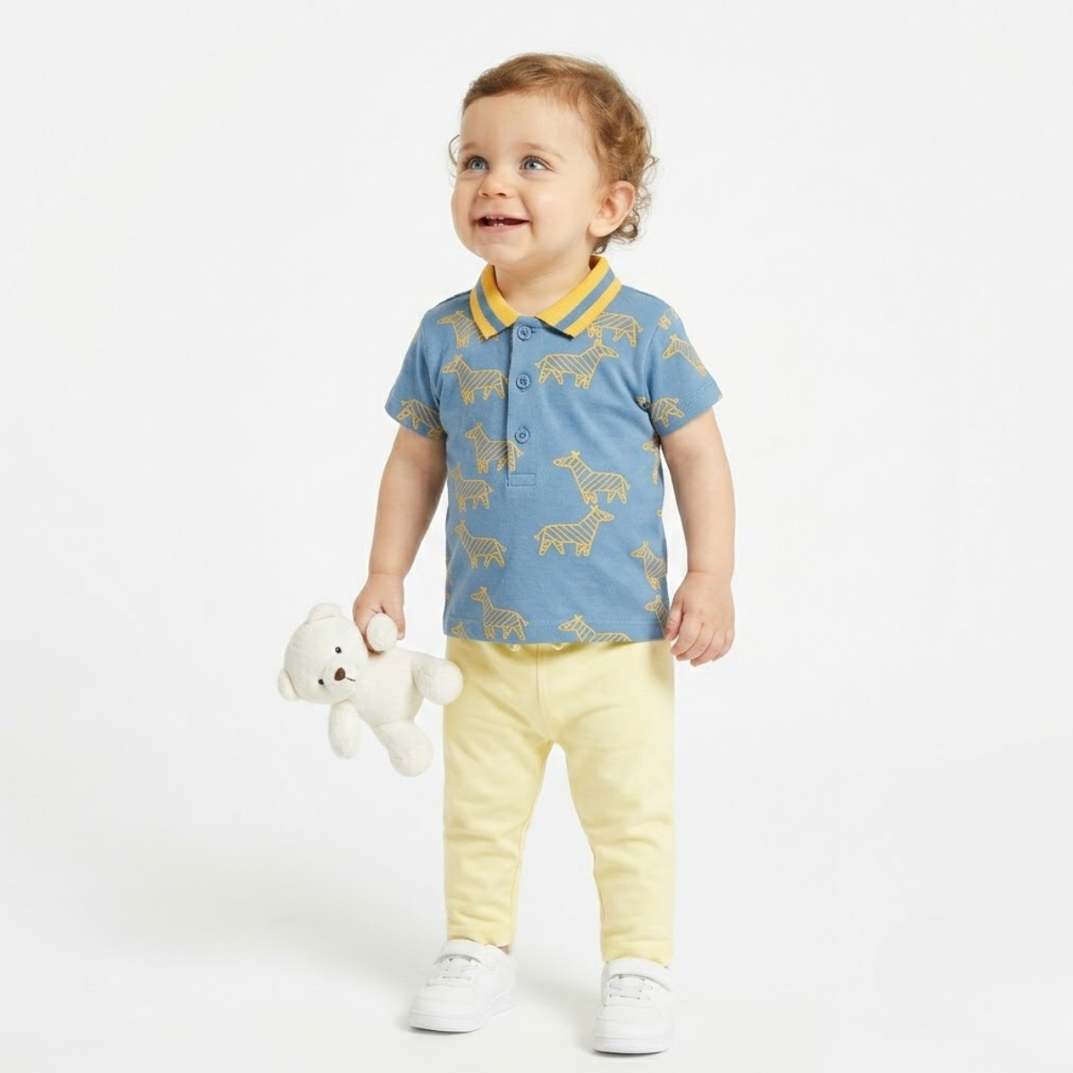 Baby Boys Animal Print Polo T-Shirt, Blue and Yellow