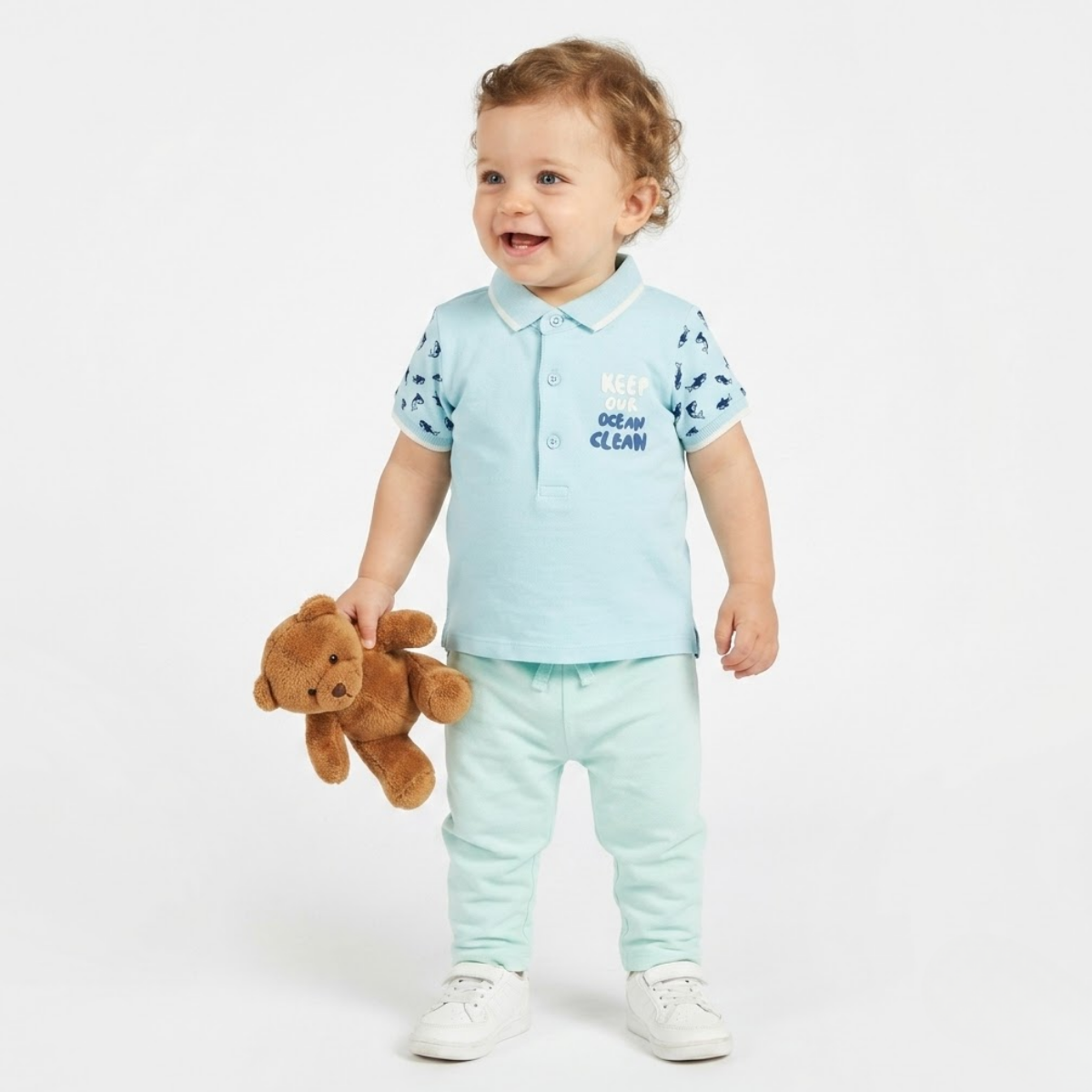 Baby Boys Cotton Typography Polo T-Shirt, Light Blue and White