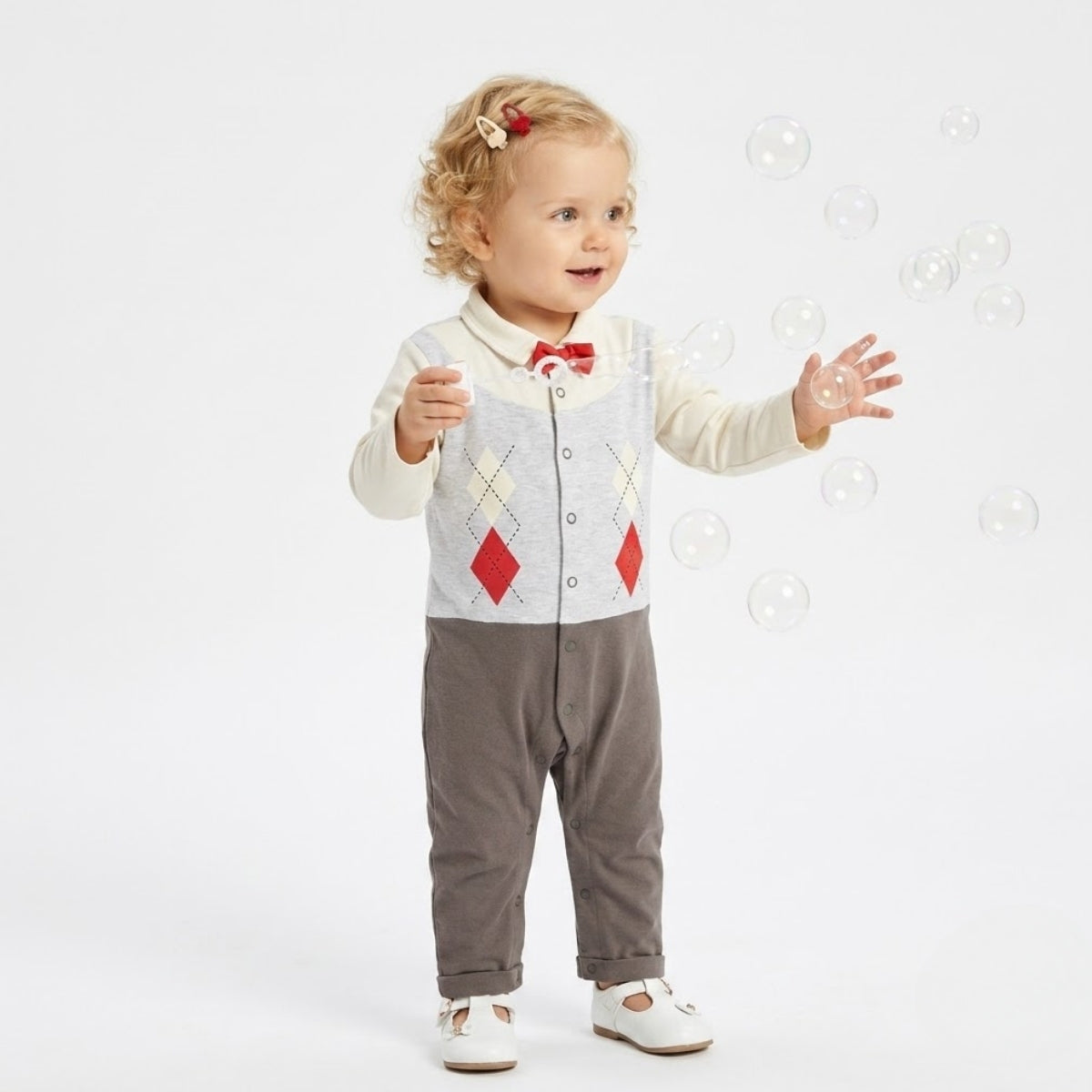 Baby Boys Printed Full Sleeve Romper, Grey