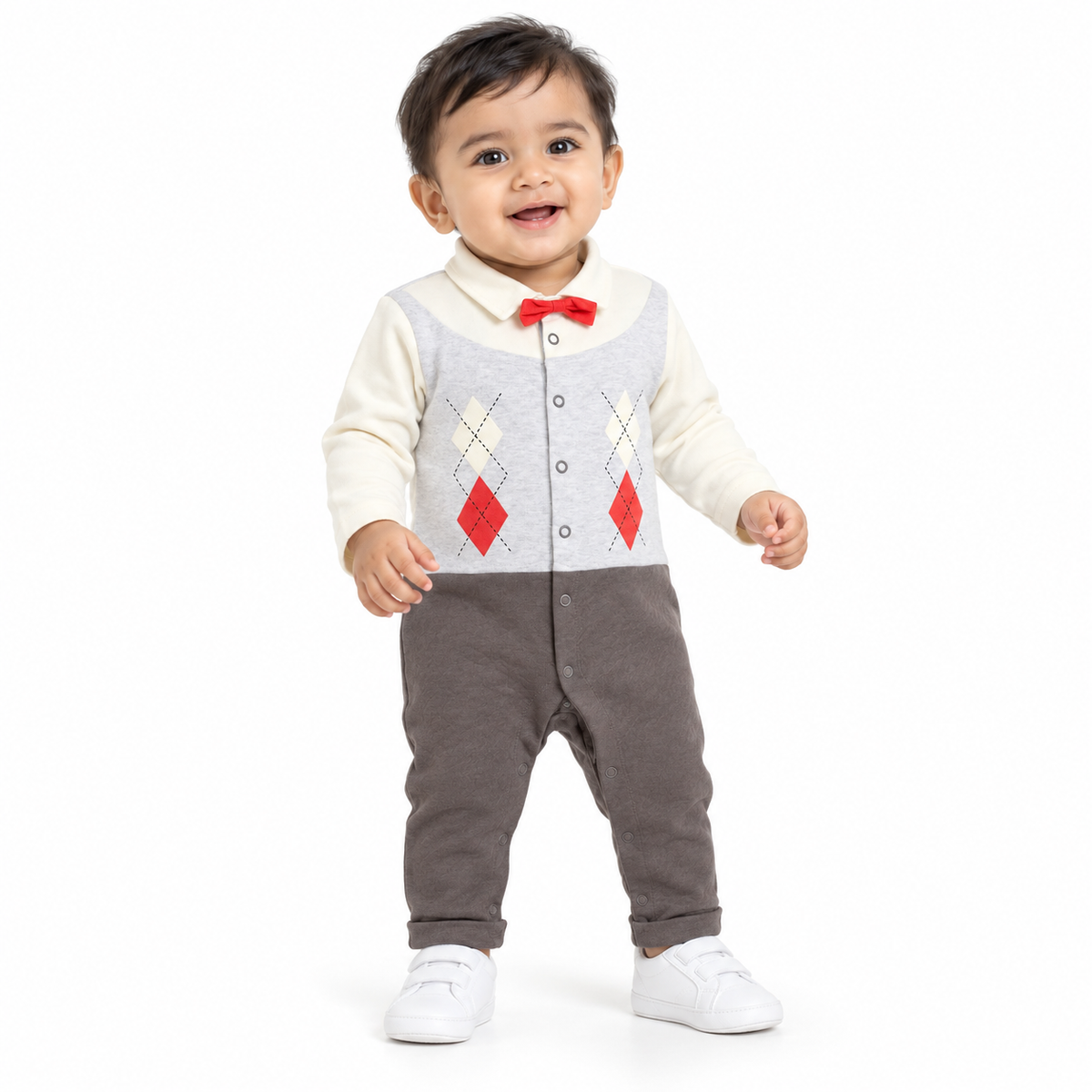 Baby Boys Printed Full Sleeve Romper, Grey