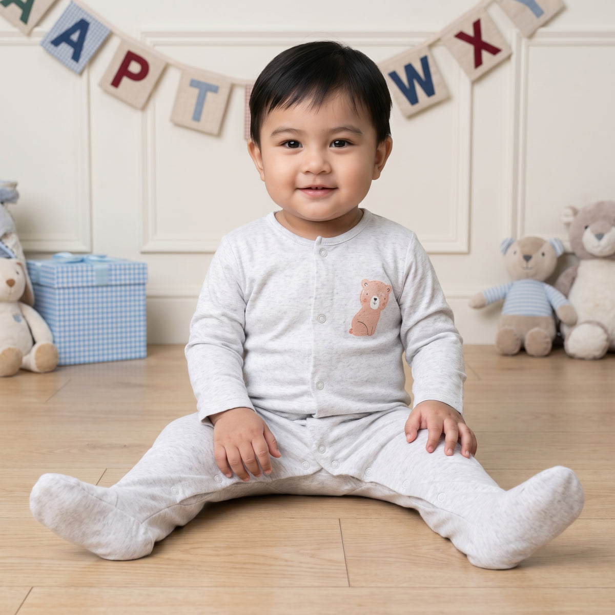 Baby Boys Teddy Bear Printed Sleepsuit Pack of 2, Multicolor