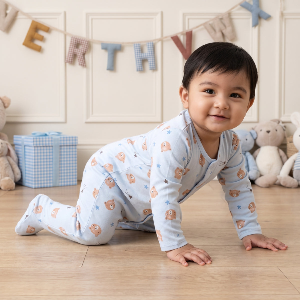 Baby Boys Teddy Bear Printed Sleepsuit Pack of 2, Multicolor