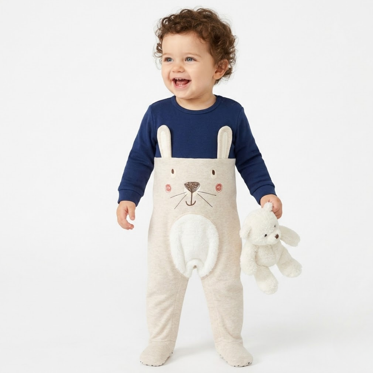 Baby Boys Bunny Design Sleepsuit, Blue and Beige