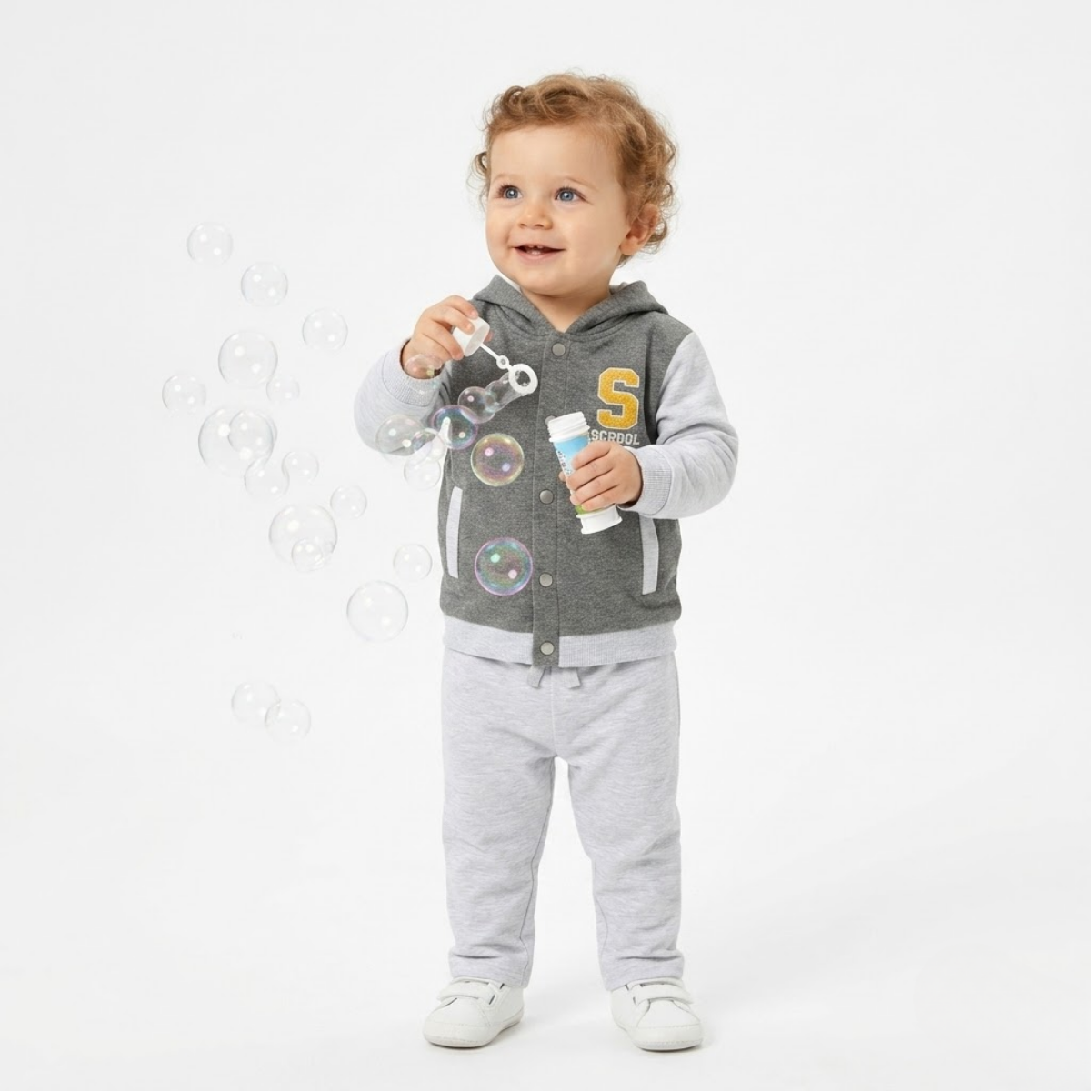 Baby Boys Cotton Embroidered Hooded Jacket, Grey and Light Grey