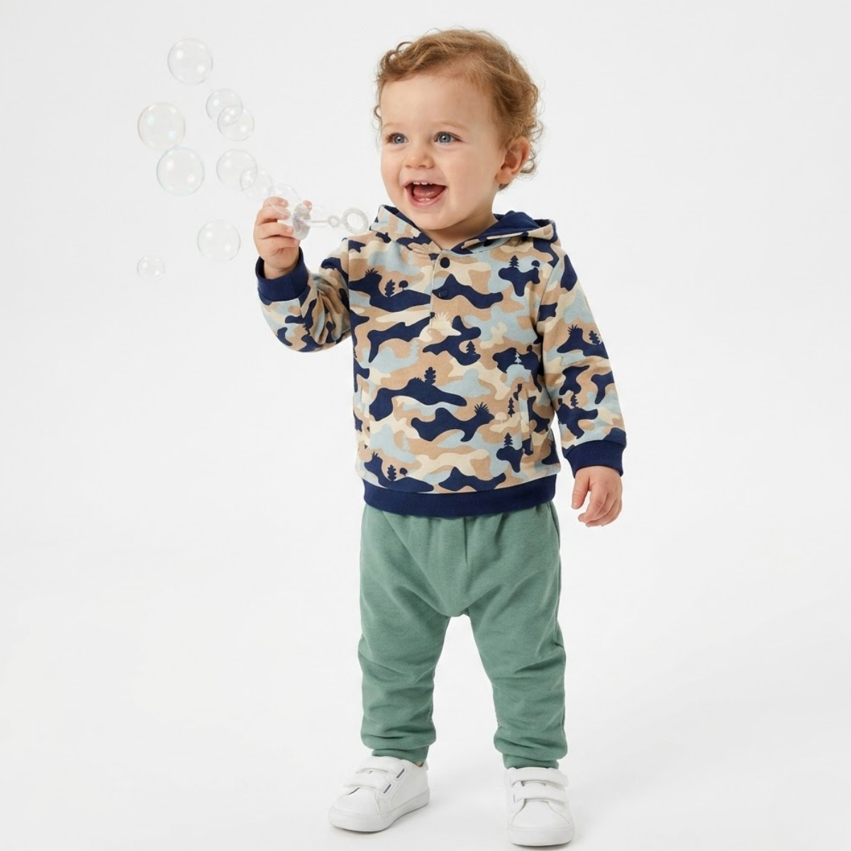 Baby Boys Cotton Camouflage Printed Hooded Sweatshirt, Blue