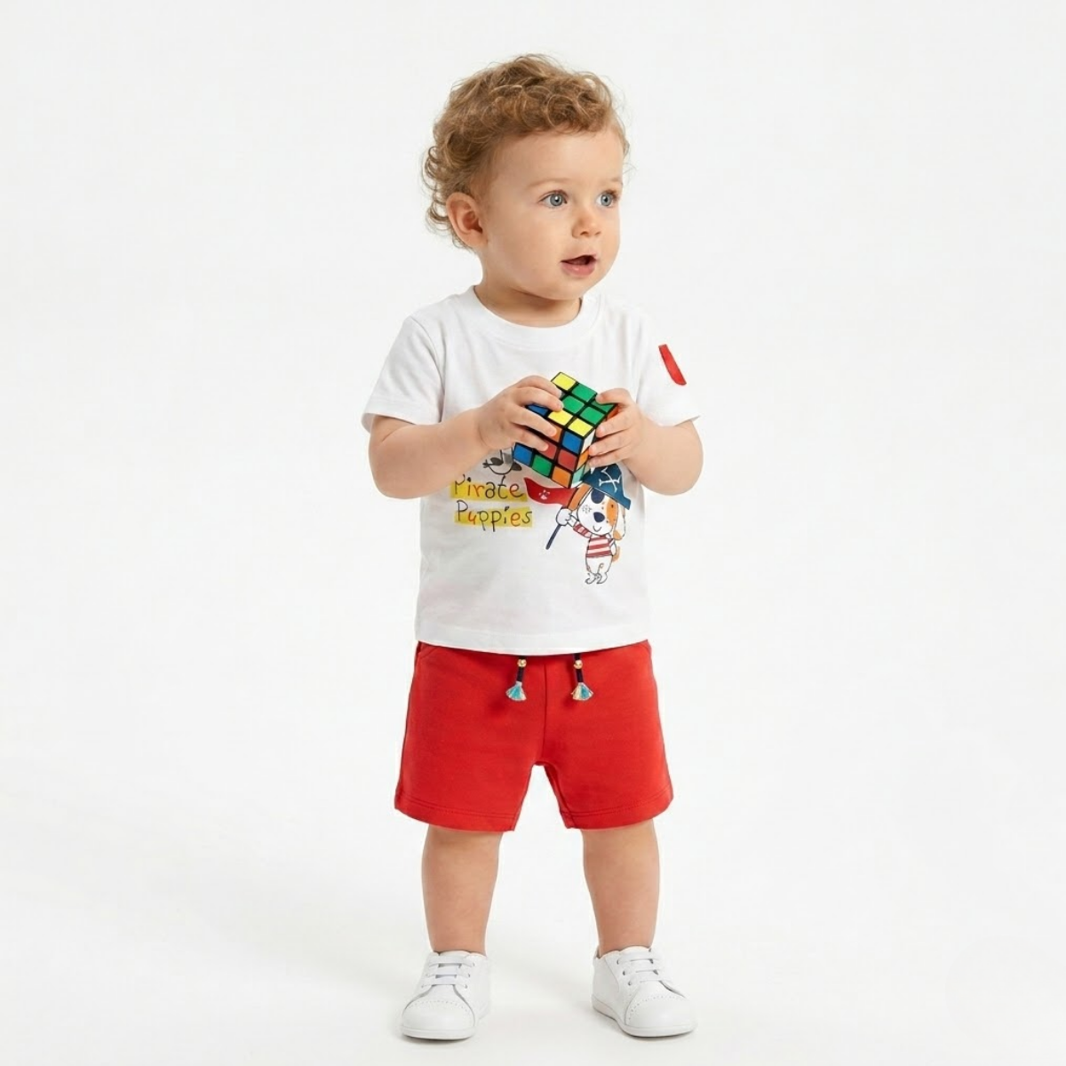 Baby Boys Pirate Puppies Print T-Shirt and Solid Shorts Set, White and Red