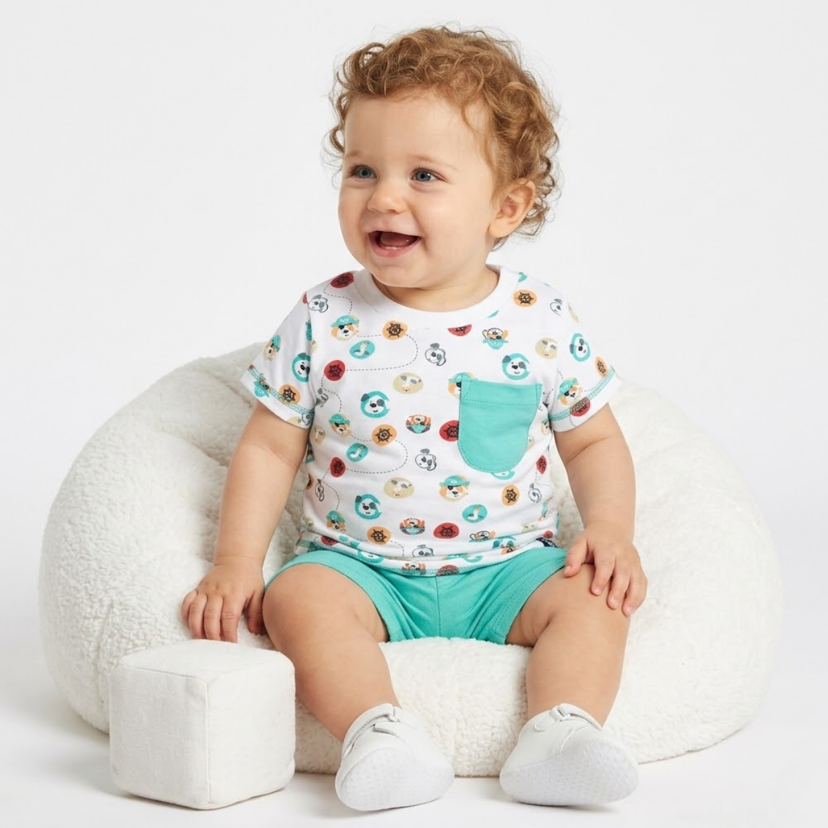 Baby Boys Animal Print T-Shirt and Solid Shorts Set, White and Blue