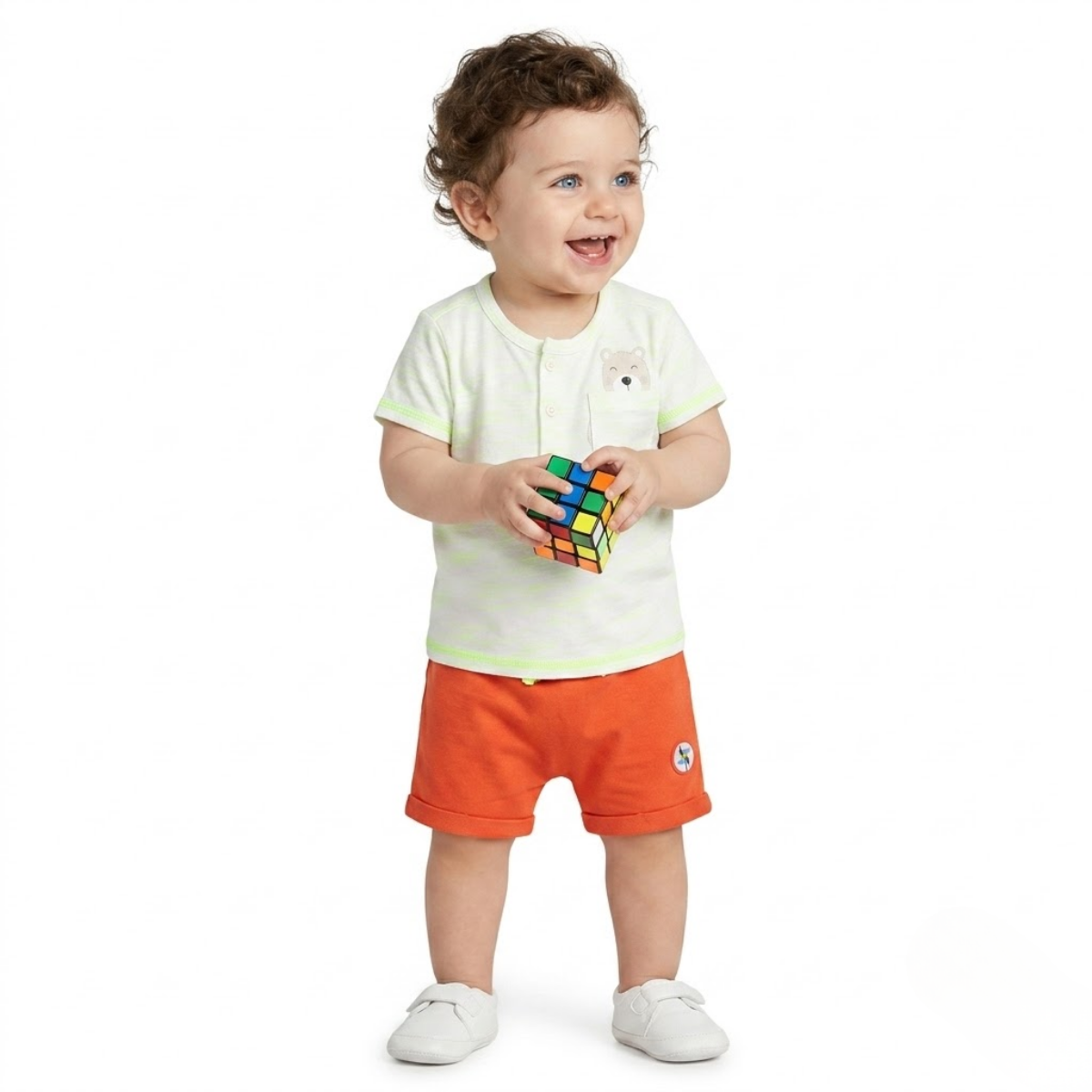 Baby Boys Cotton Bear Design T-Shirt and Solid Shorts Set, Off White and Orange