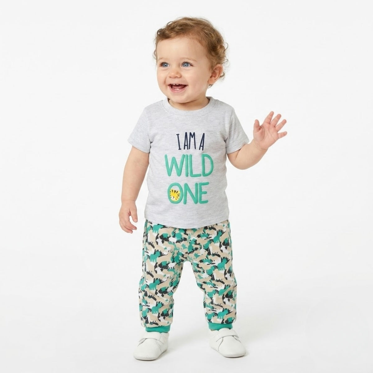 Baby Boys Cotton Animal printed T-shirt with Pant, Grey and Green