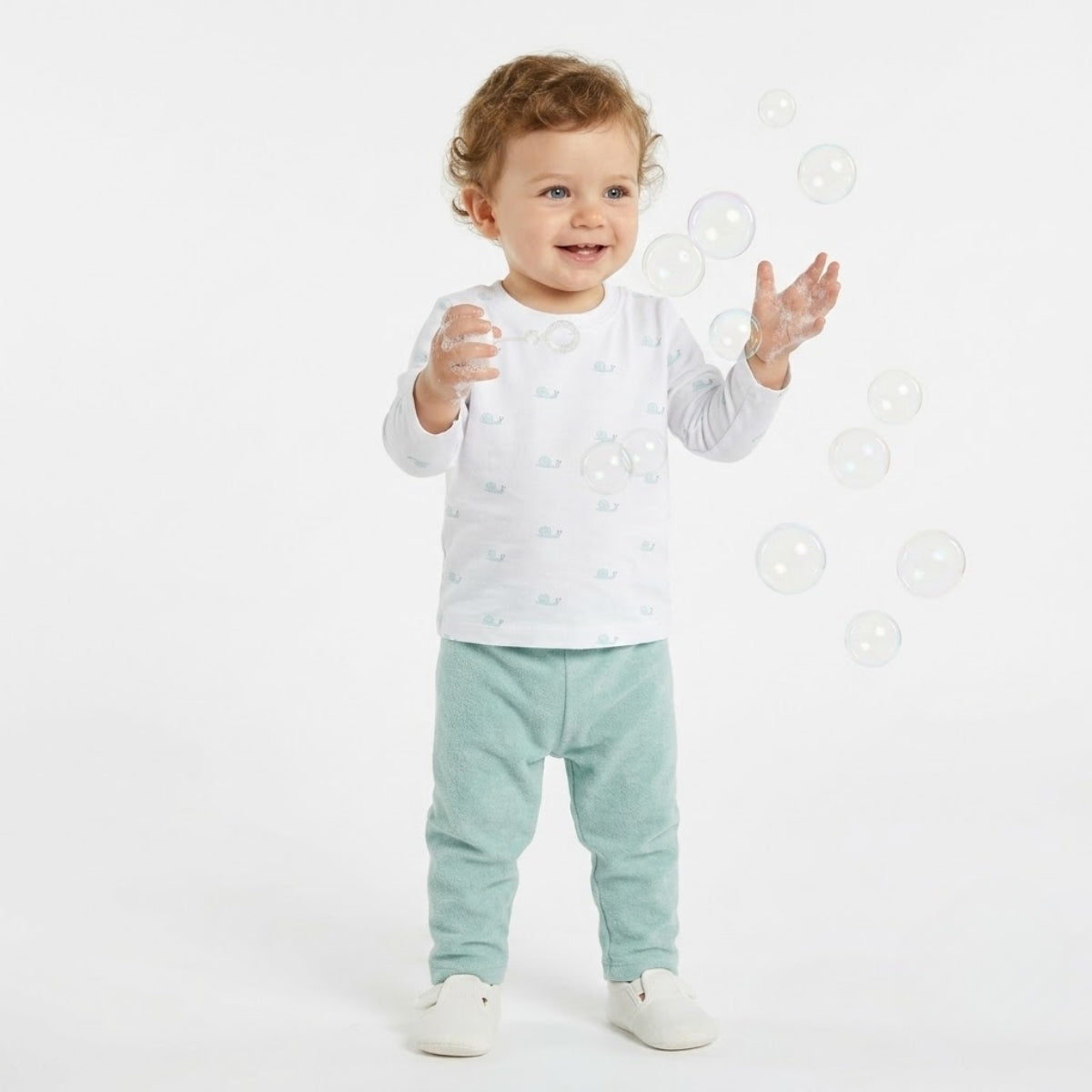 Baby Boys Snail Print Top and Solid Pants Set, White and Green