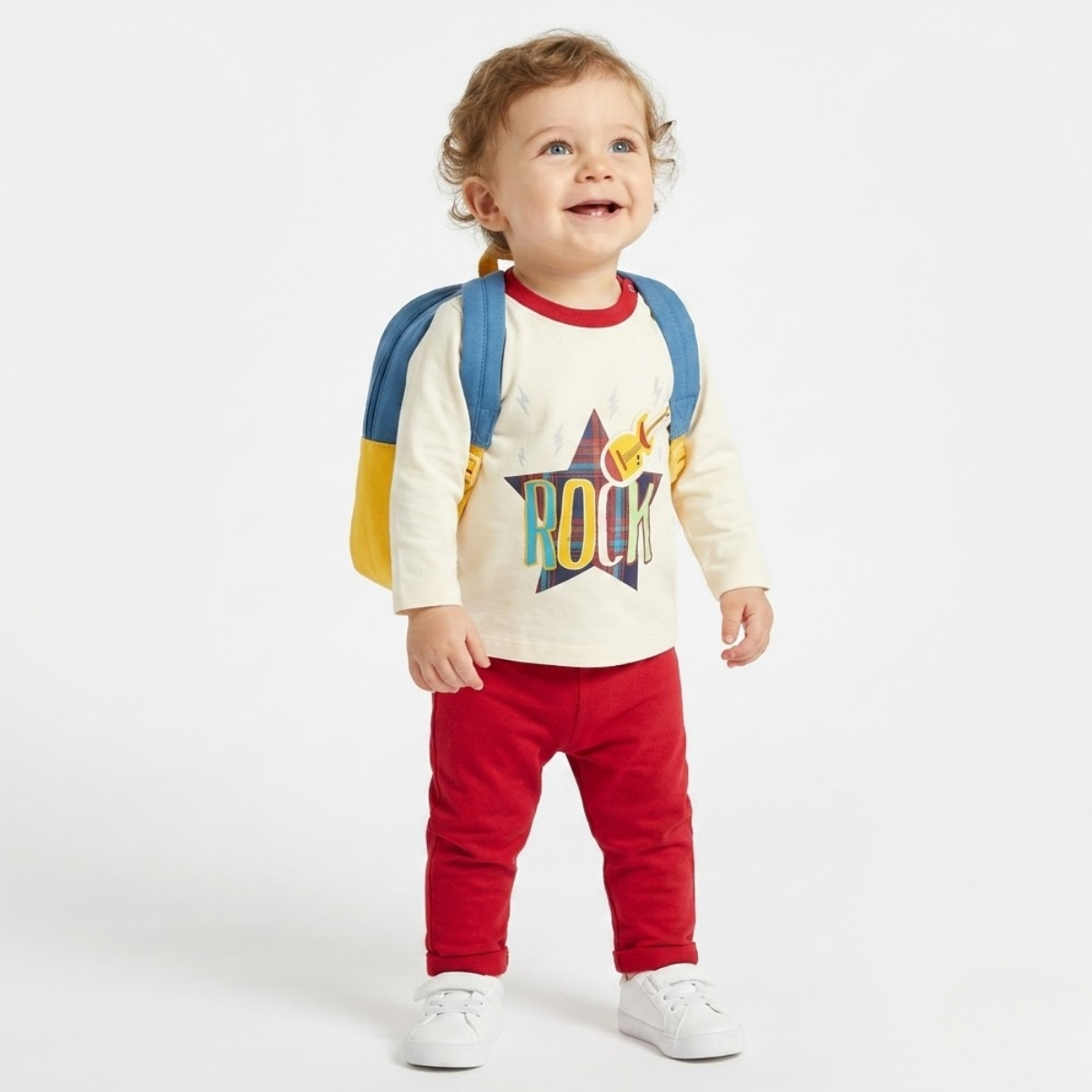 Baby Boys Cotton Graphic printed T-shirt and Solid Pants Set, Off White and Red