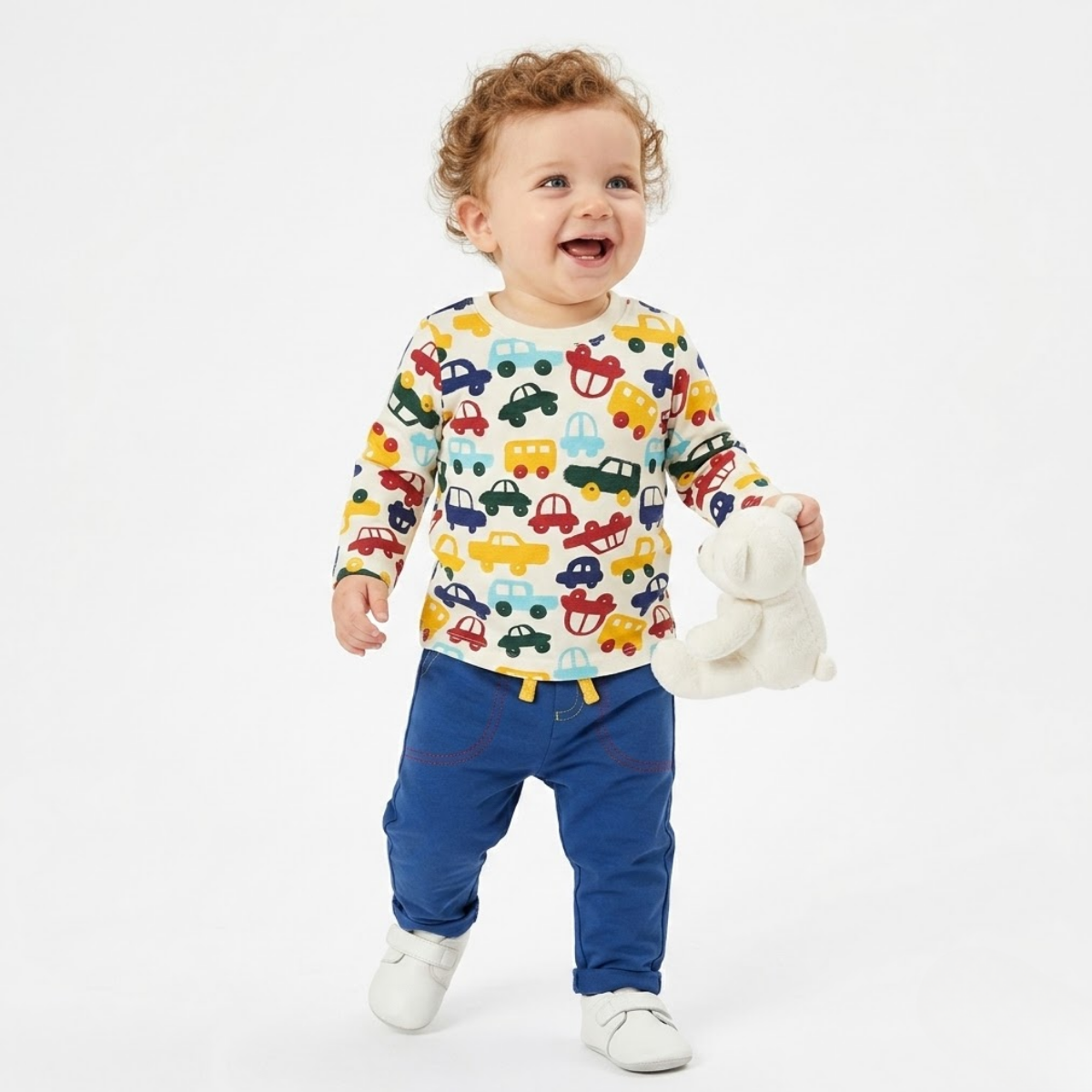 Baby Boys Cotton Car Print T-shirt and Solid Pants Set, White and Blue