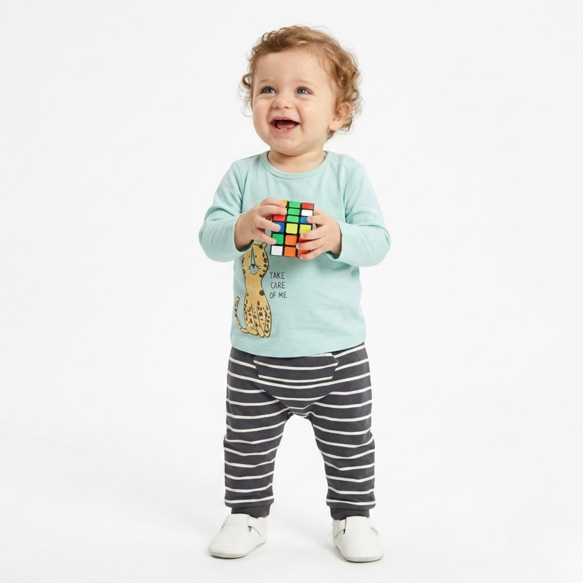 Baby Boys Animal printed T-shirt and Striped Pants Set, Blue and Grey