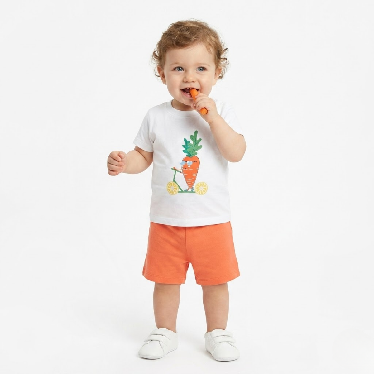 Baby Boys Cotton Carrot Graphic T-Shirt and Solid Shorts Set, White and Orange