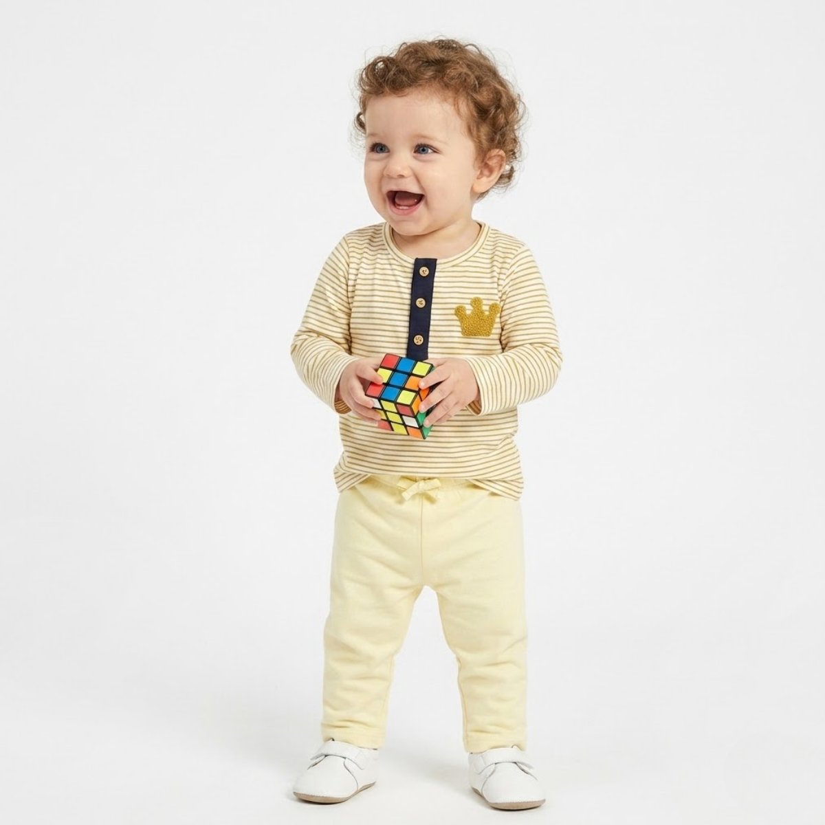 Baby Boys Striped T-Shirt with Crown Design, Yellow and White