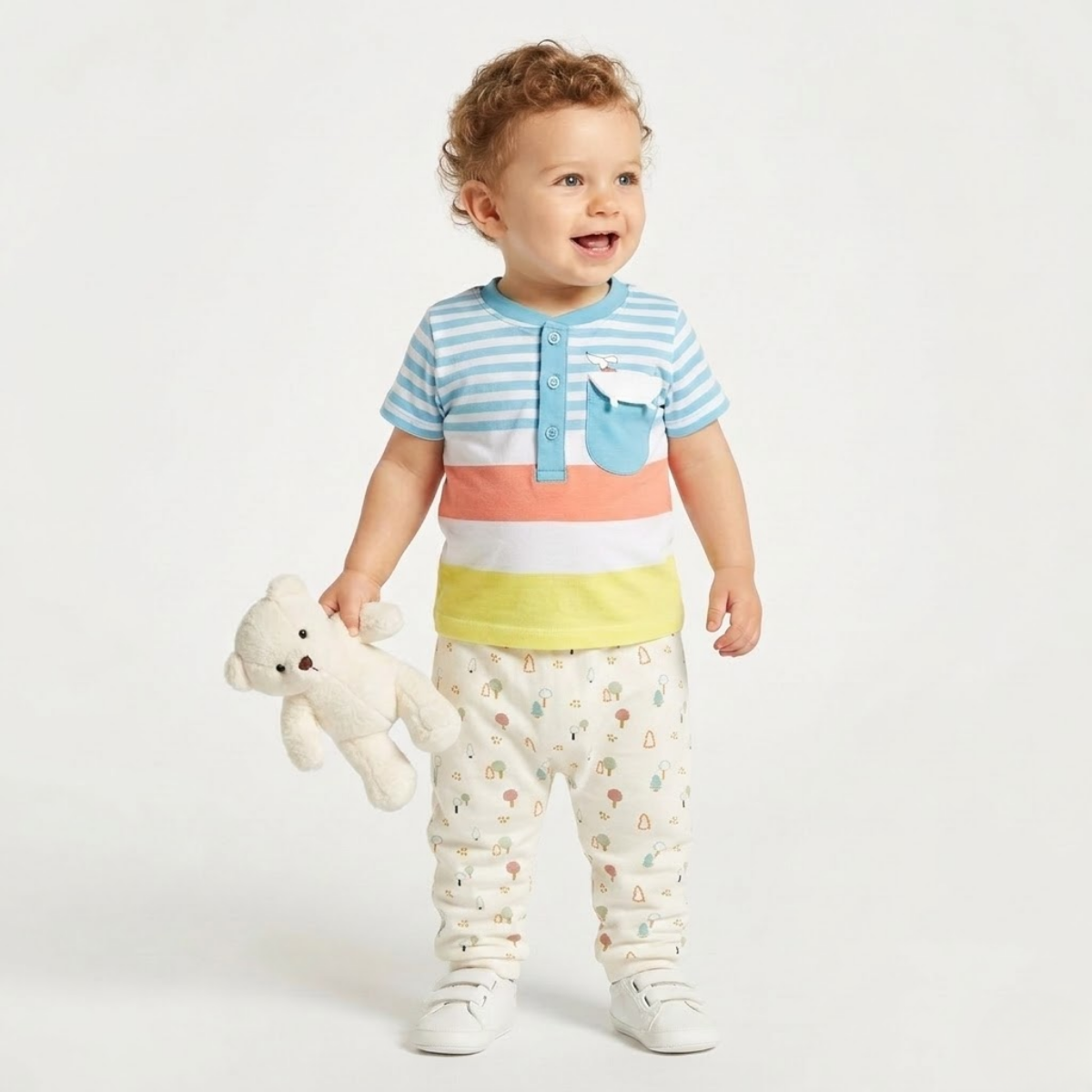 Baby Boys Striped T-Shirt with Dog Design, Blue