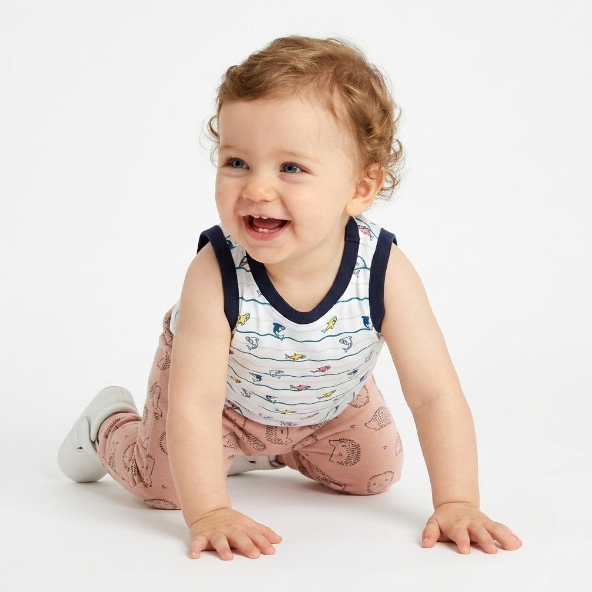 Baby Boys Cotton Fish Design Sleeveless T-Shirt, White