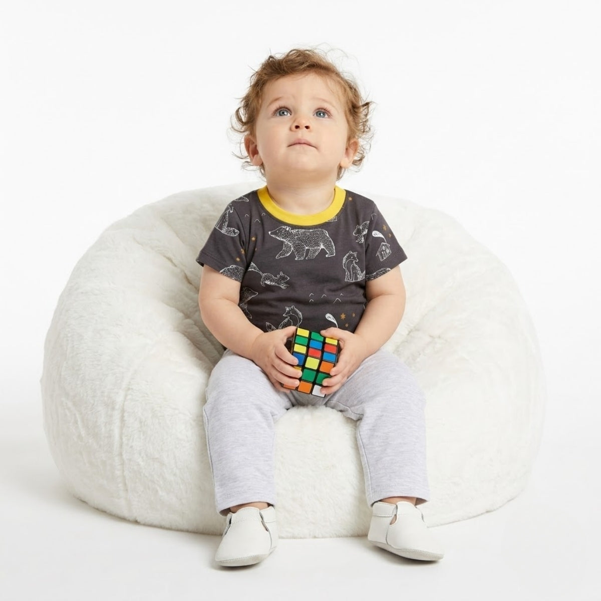 Baby Boys Cotton Animal Printed T-Shirt, Grey and Yellow