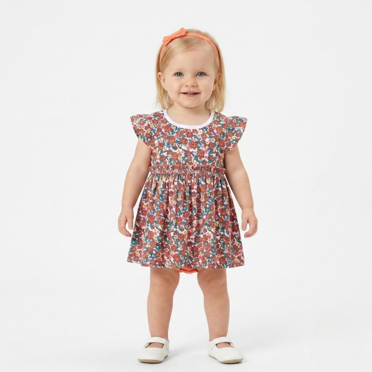 Baby Girls Floral Print Dress with Bodysuit and Headband, White and Orange