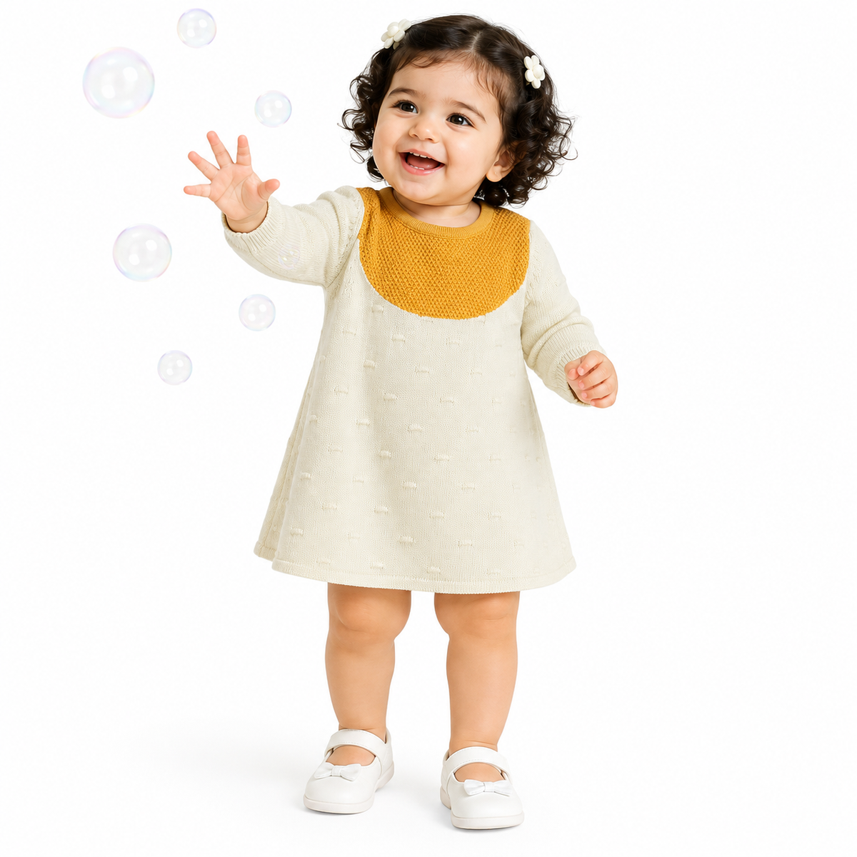 Baby Girls Cream and Mustard Cotton Knitted Dress Full Sleeves Regular Fit Winter Wear