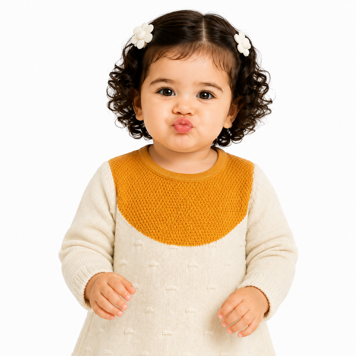 Baby Girls Cream and Mustard Cotton Knitted Dress Full Sleeves Regular Fit Winter Wear