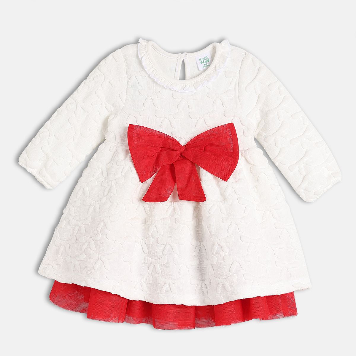Red Off White Round Neck Knee Length Dress