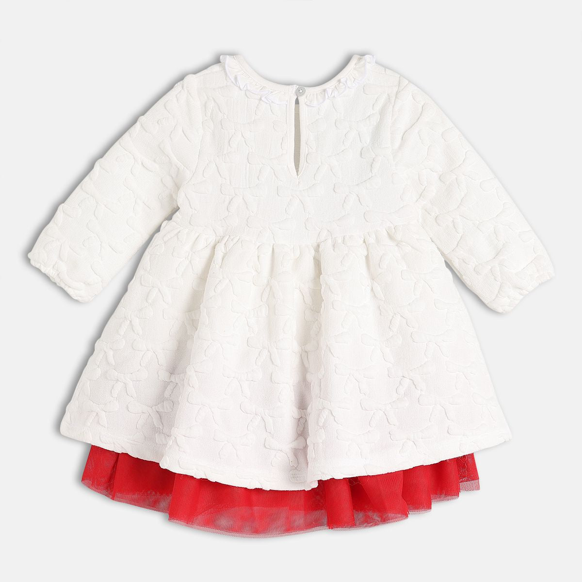Red Off White Round Neck Knee Length Dress
