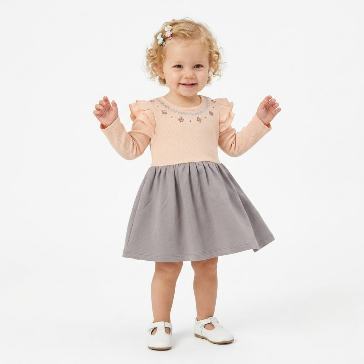 Baby Girls Embroidered Dress with Ruffle Detail, Peach and Grey