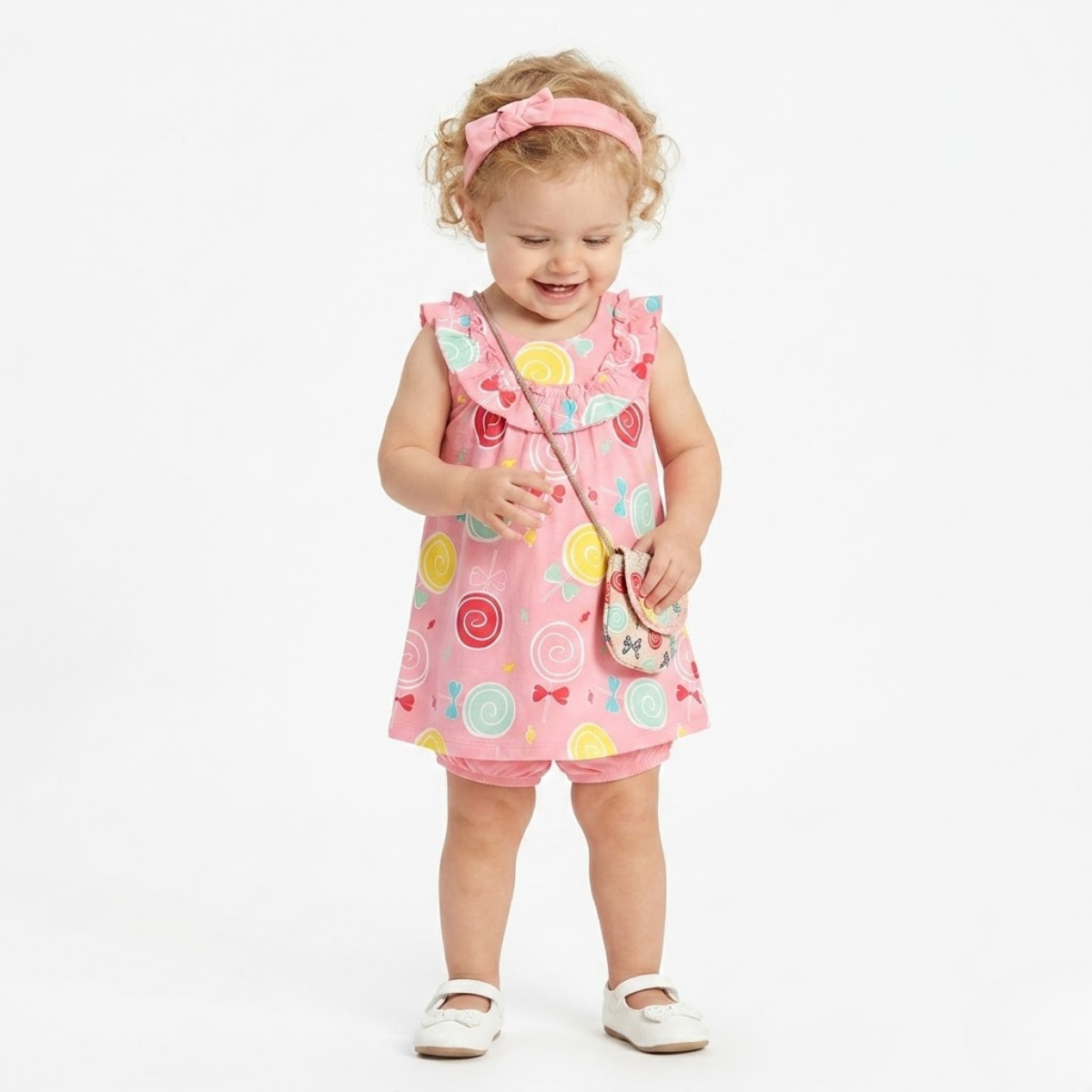 Baby Girls Cotton Candy Print Dress with Headband and Solid Bloomers, Pink