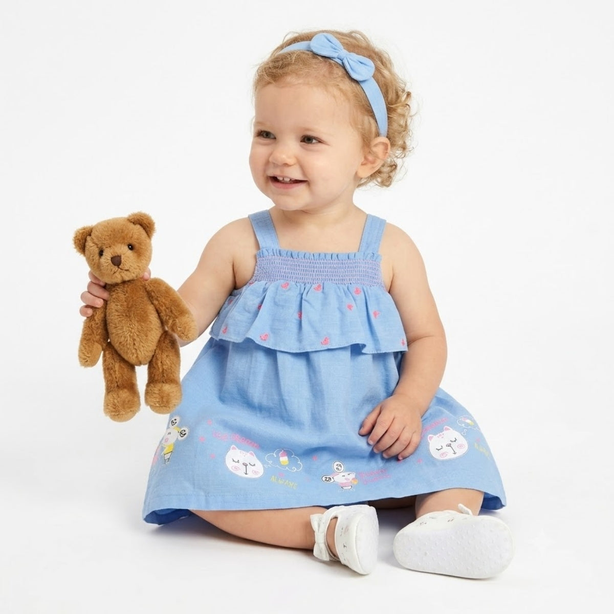 Baby Girls Cotton Strap Neck Dress, Blue