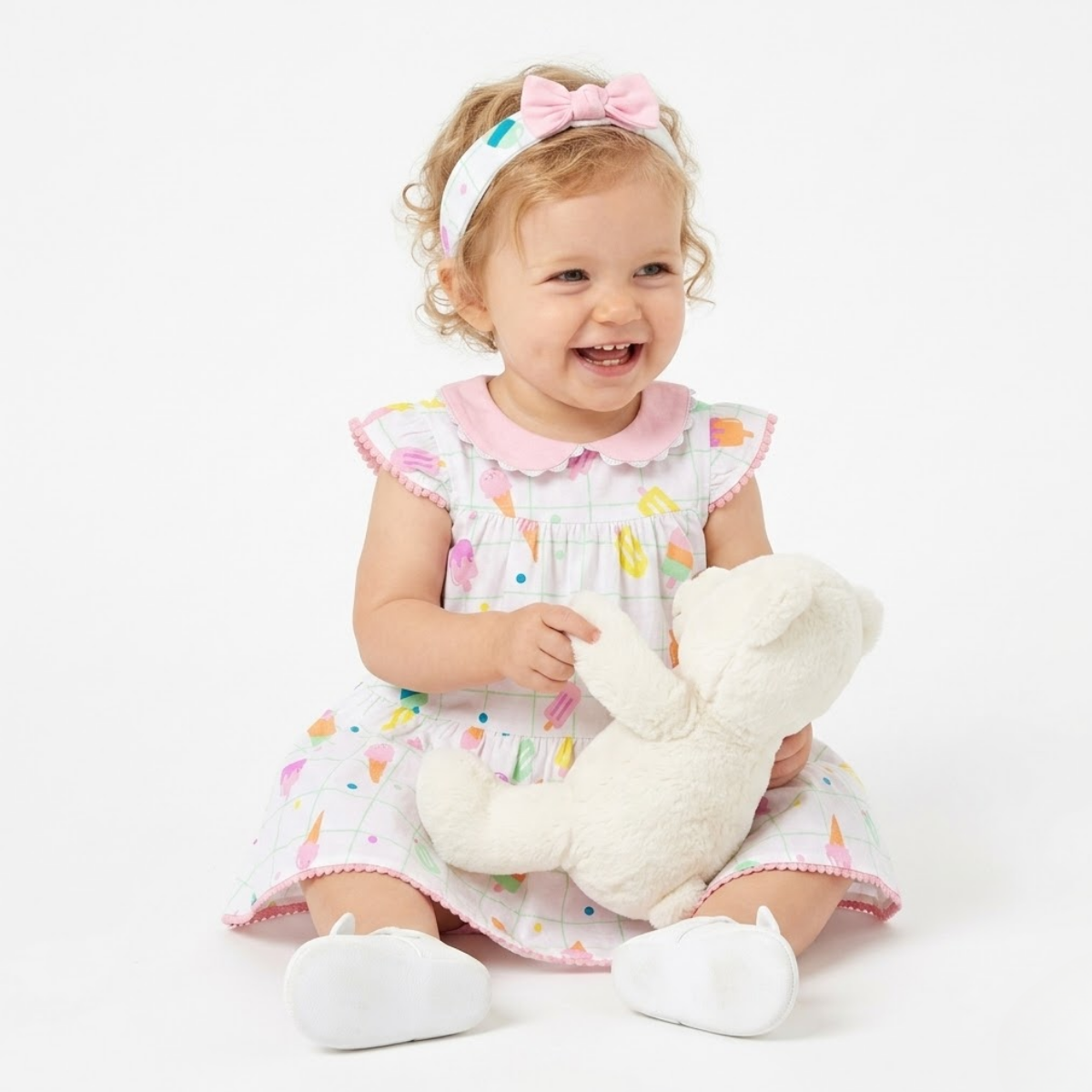 Baby Girls Ice Cream Print Dress with Bloomers and Headband, White and Pink