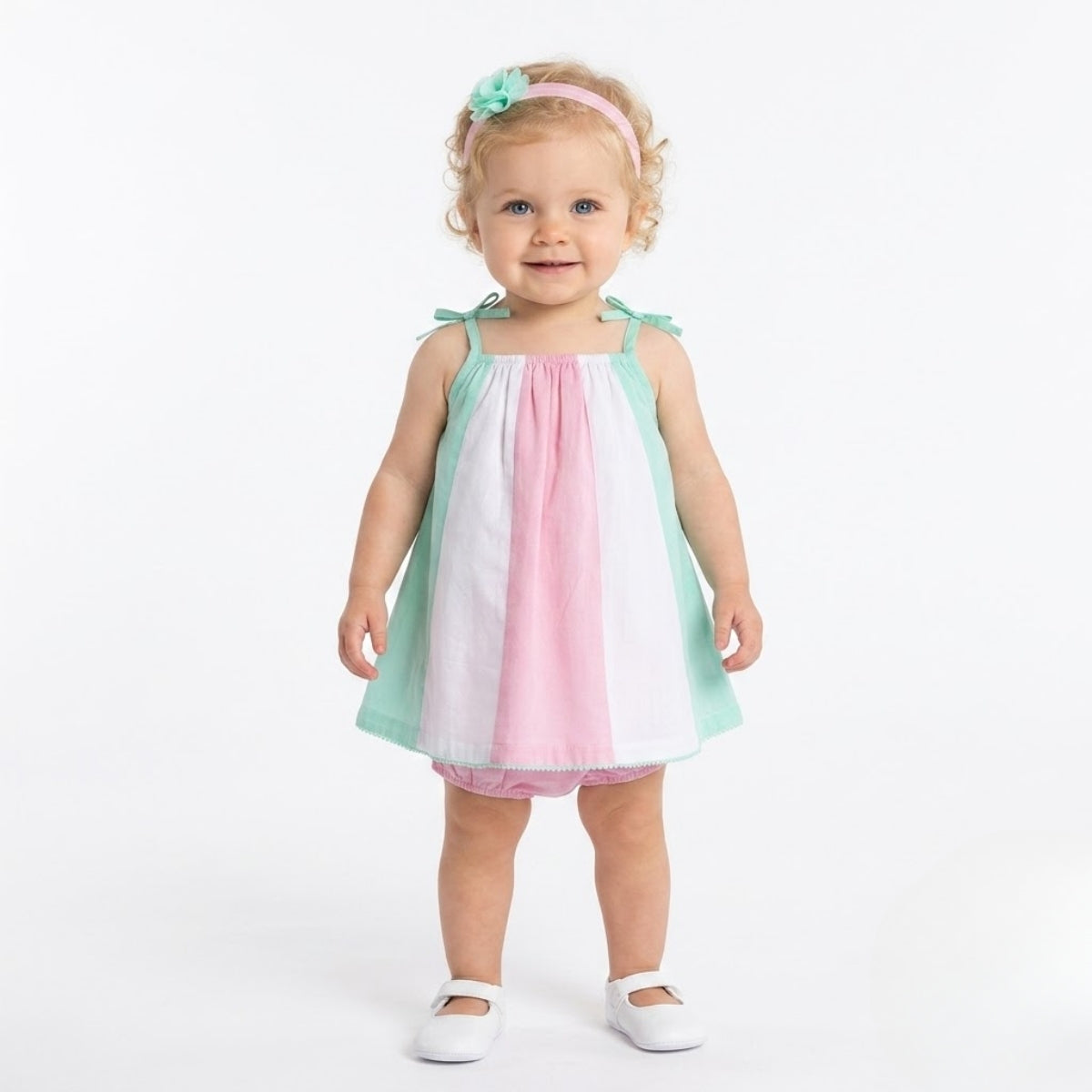 Baby Girls Color block Dress with headband & Bloomer - White & Pink