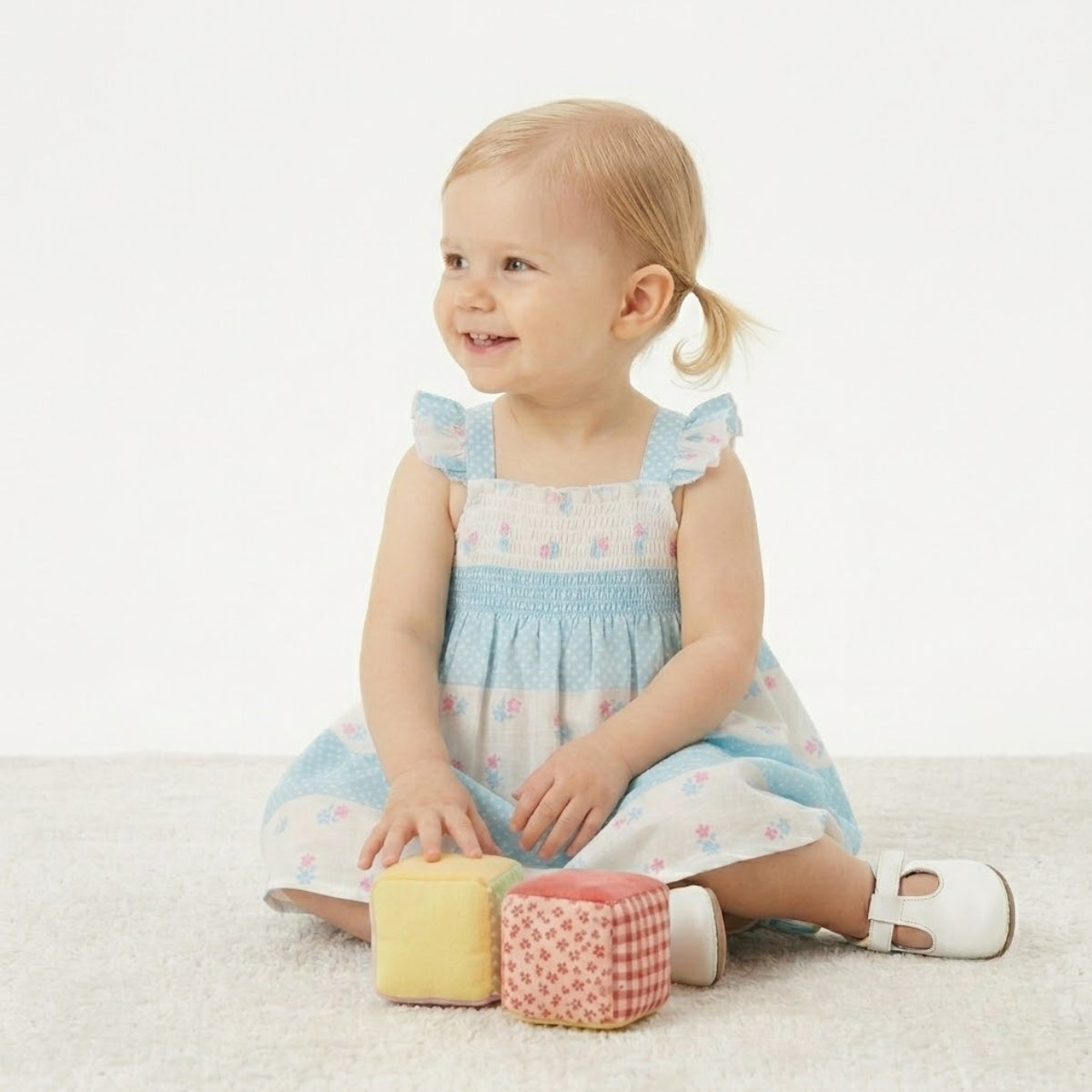 Baby Girls Cotton floral printed Strap Neck Dress - Blue