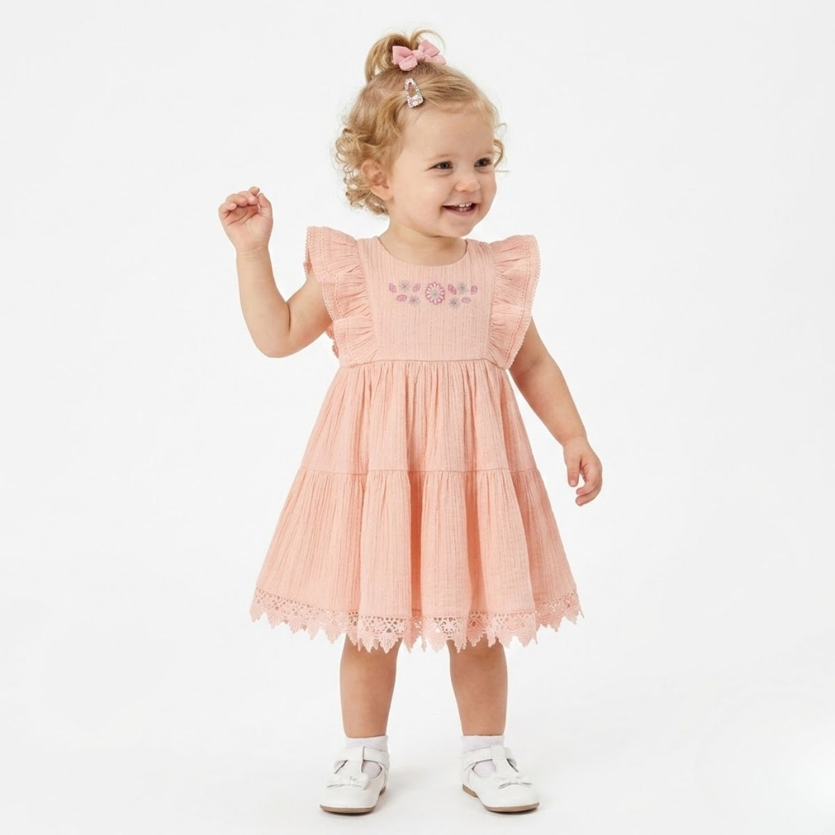 Baby Girls Cotton embroidered Dress - Peach