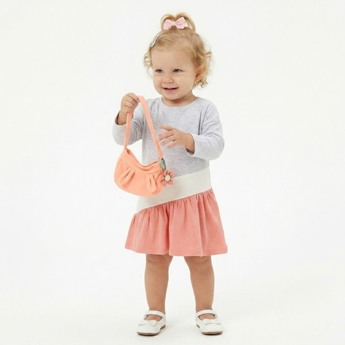 Baby Girls Cotton Color block Long Sleeve Dress, Grey