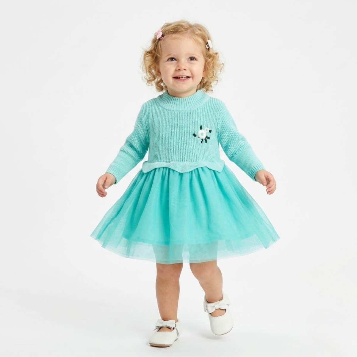 Baby Girls Knitted Floral embroidered Full Sleeve Dress, Aqua