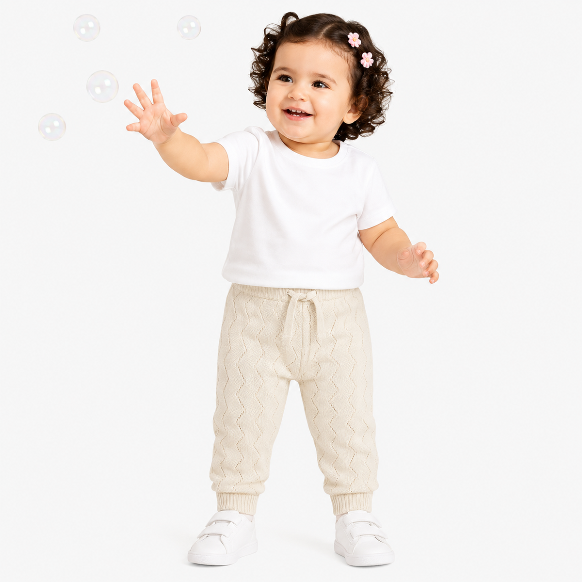 Baby Girls Off White And White Cotton Knit Bottom Casual Wear