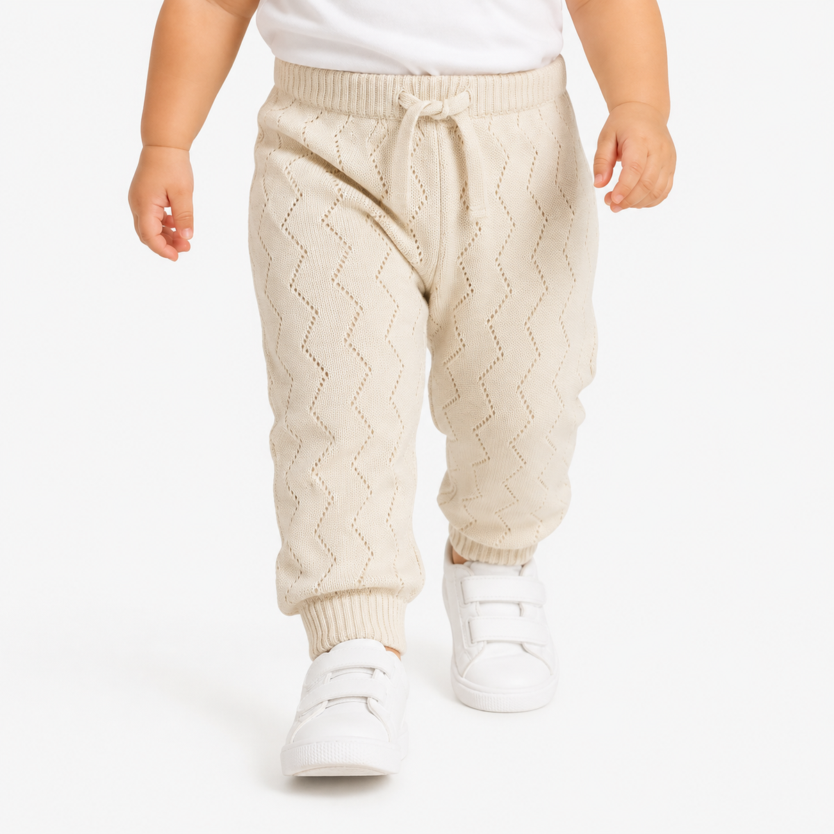 Baby Girls Off White And White Cotton Knit Bottom Casual Wear