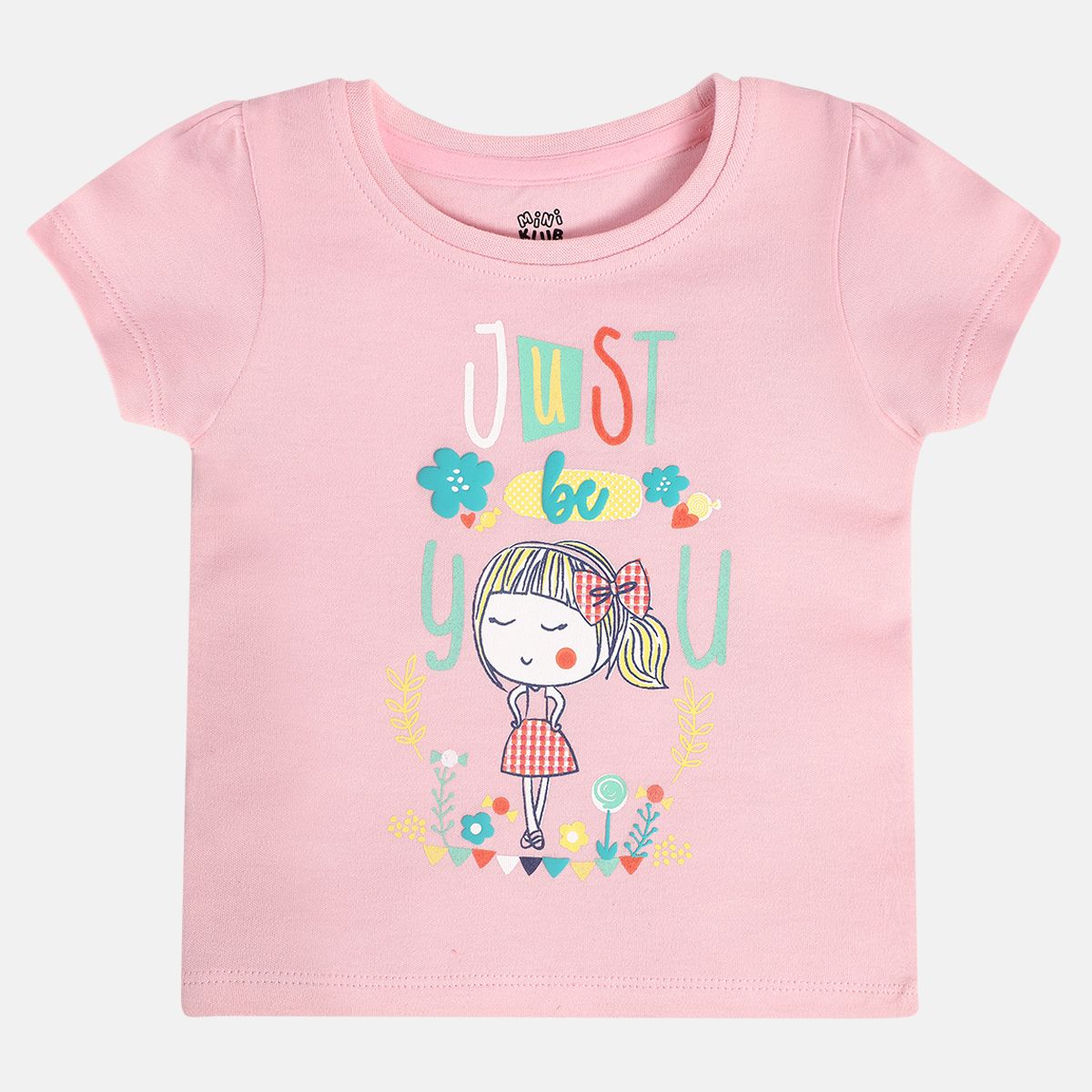 Girls Pink Round Neck Half Sleeve Knit Top