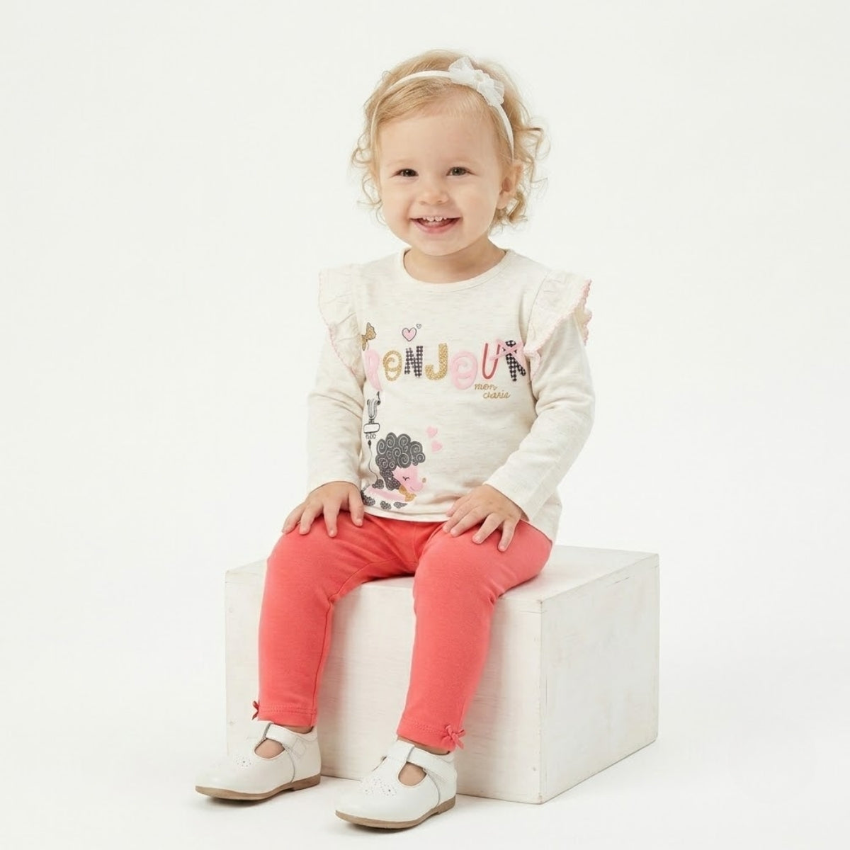 Baby Girls Bonjour Graphic T-Shirt with Ruffle Detail, Off White