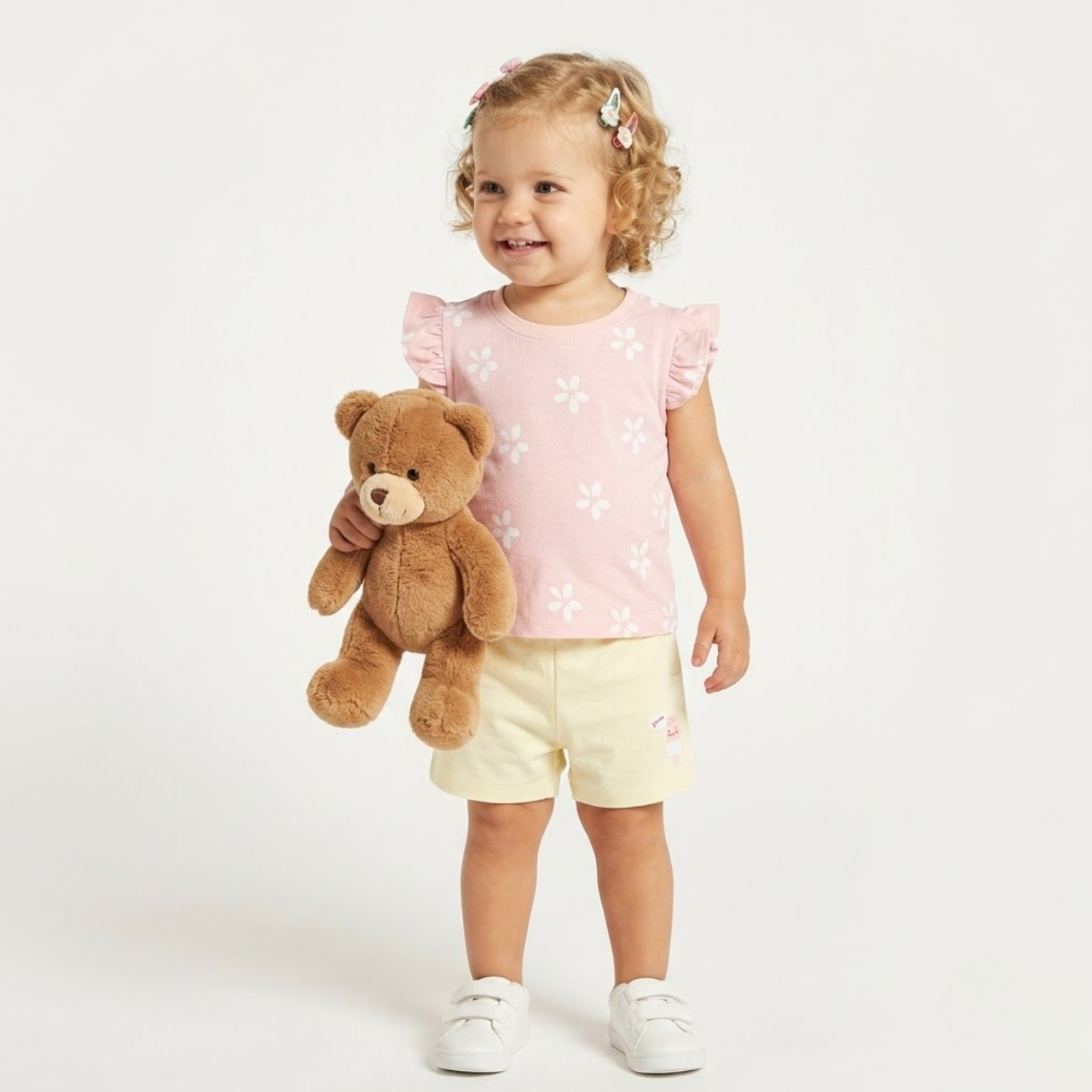 Baby Girls Floral Design Sleeveless Top with Ruffle Detail, Pink and White