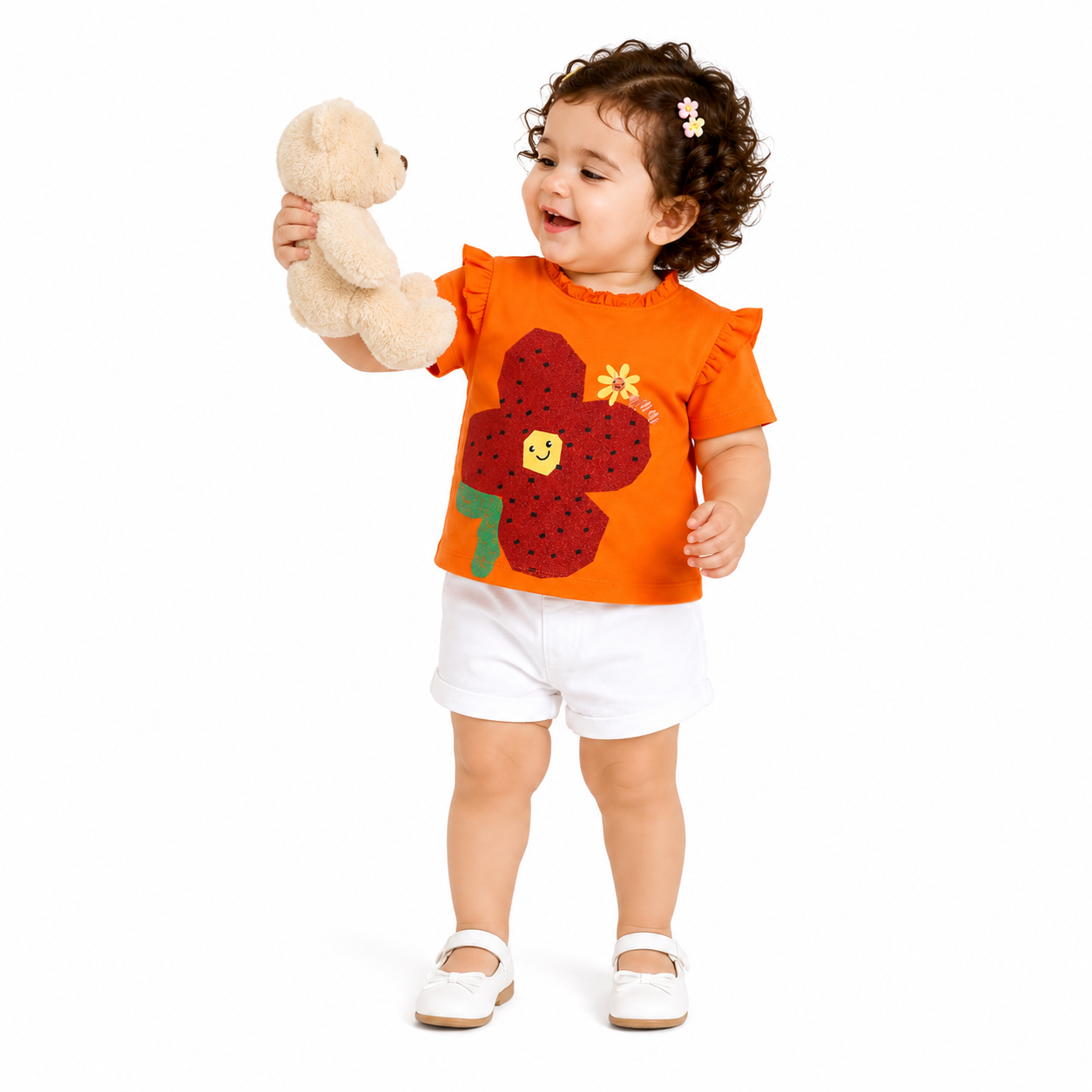 Girls Cotton Full Sleeves Floral Printed Top - Orange
