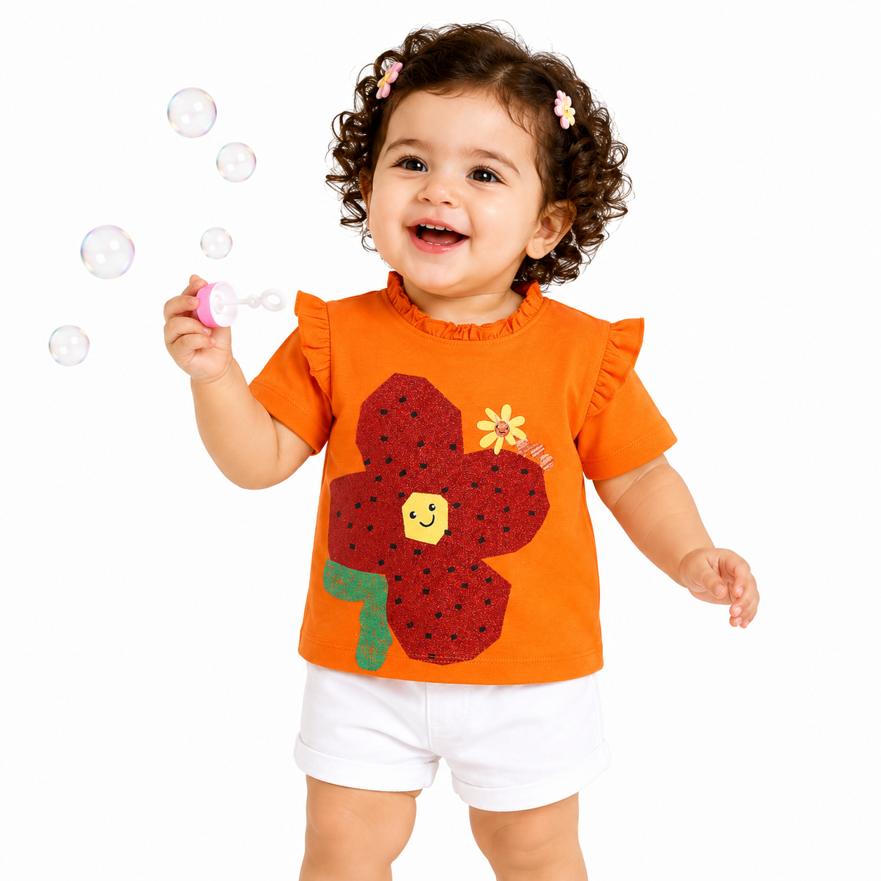 Girls Cotton Full Sleeves Floral Printed Top - Orange