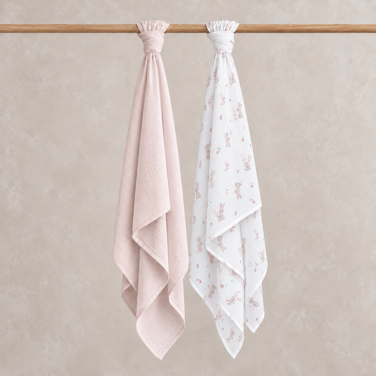 Baby Girls Solid & Rabbit Printed Muslins Pack of 2, Multicolor