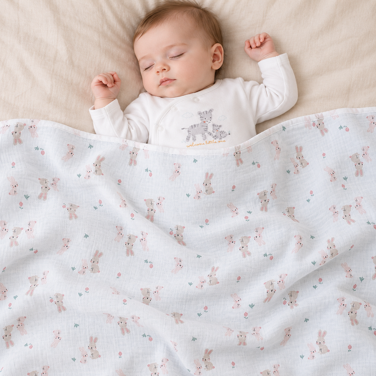 Baby Girls Solid & Rabbit Printed Muslins Pack of 2, Multicolor