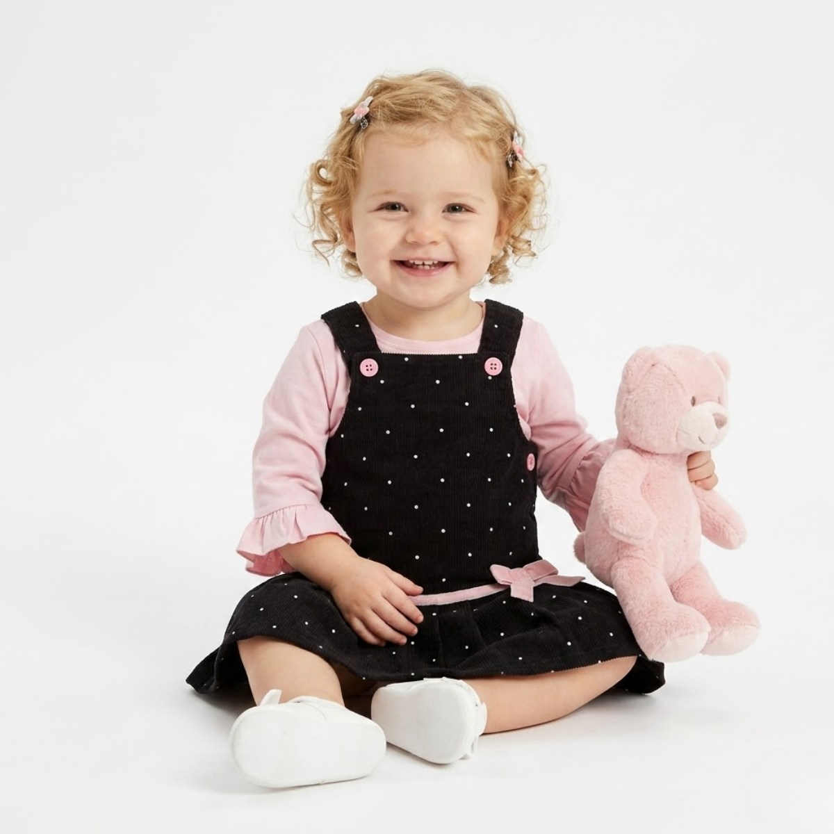 Baby Girls Polka Dot Dungaree Dress with Solid Top, Black and Pink