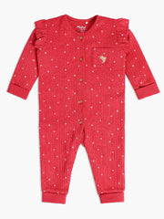 Baby Girls Textured Heart Print Romper with Frill Detail, Red