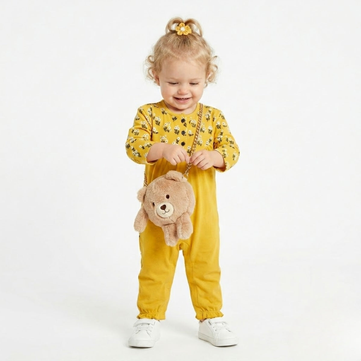 Baby Girls cotton floral printed Romper with head band, Yellow