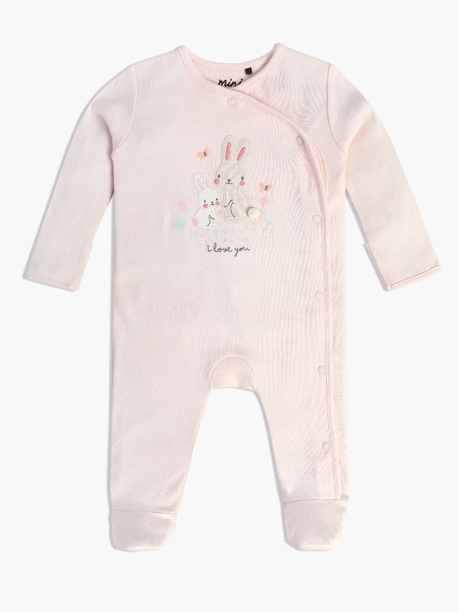 Baby Girls Bunny Print Front Open Sleepsuit, Light Pink
